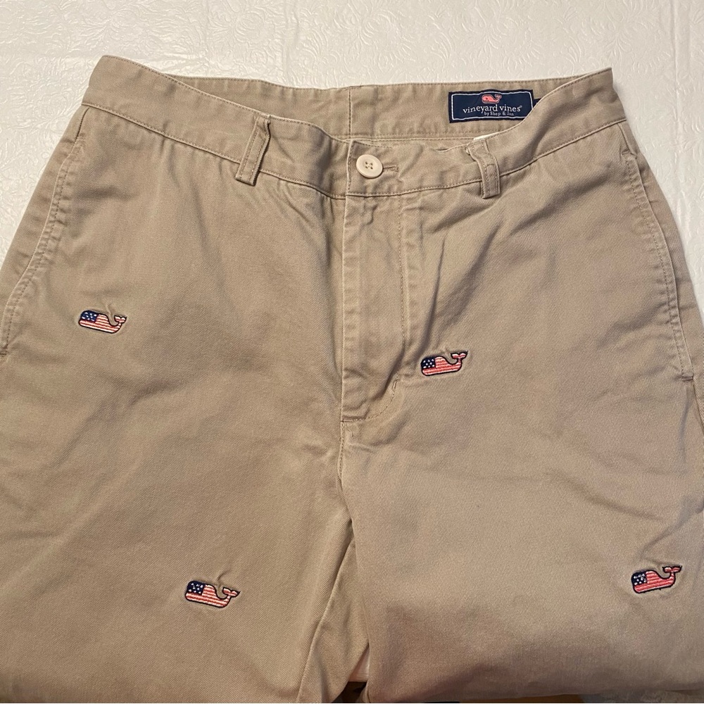 Vineyard Vines Men's Khaki Pants- Embroidered American Flag Whale- 30x32